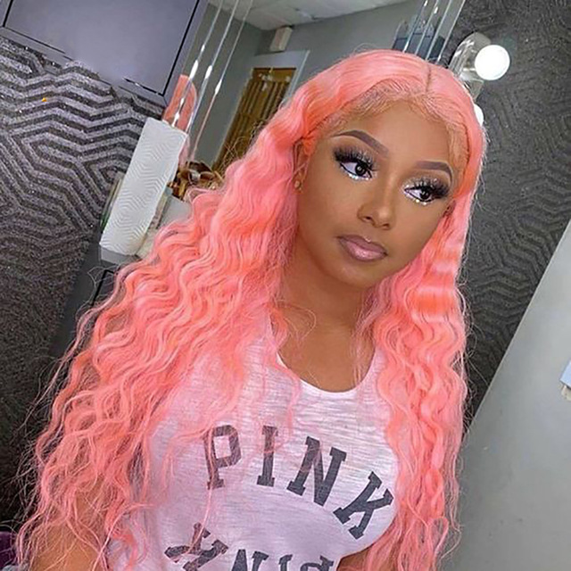 Long Wavy Style Pink Wig Side Part Synthetic Lace Front Wig High Temperature Fiber deep wave Lace Wigs for Women Cosplay