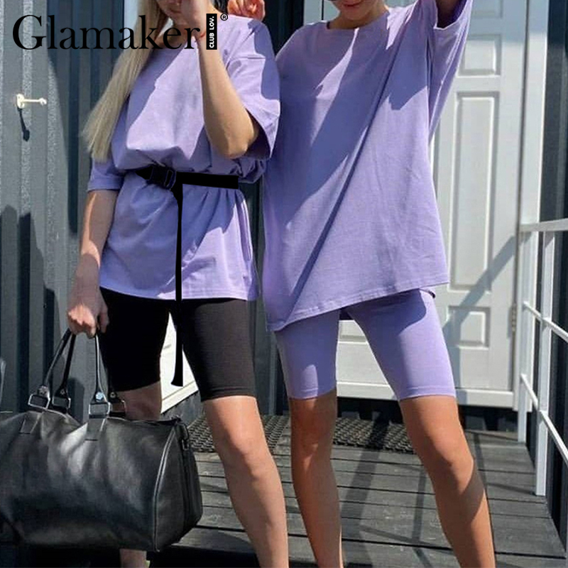 Glamaker Summer casual two piece set top and pants women sets short sleeve fashion loose outfits shorts suit 2020 female co ord T200603