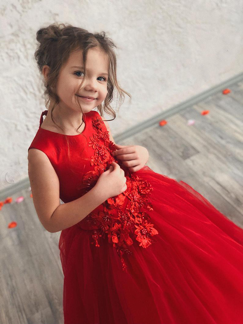 new red girls pageant dresses with jacket lace up appliqued girls birthday party gowns custom made beaded flower girl dress