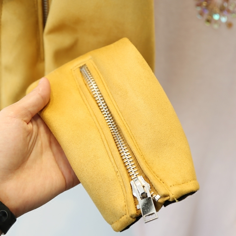 Fitaylor Yellow Suede Leather Jacket Women Slim Zipper Biker Coat Black Motorcycle Biker Belted Short Coats Basic Street Outwear 201030
