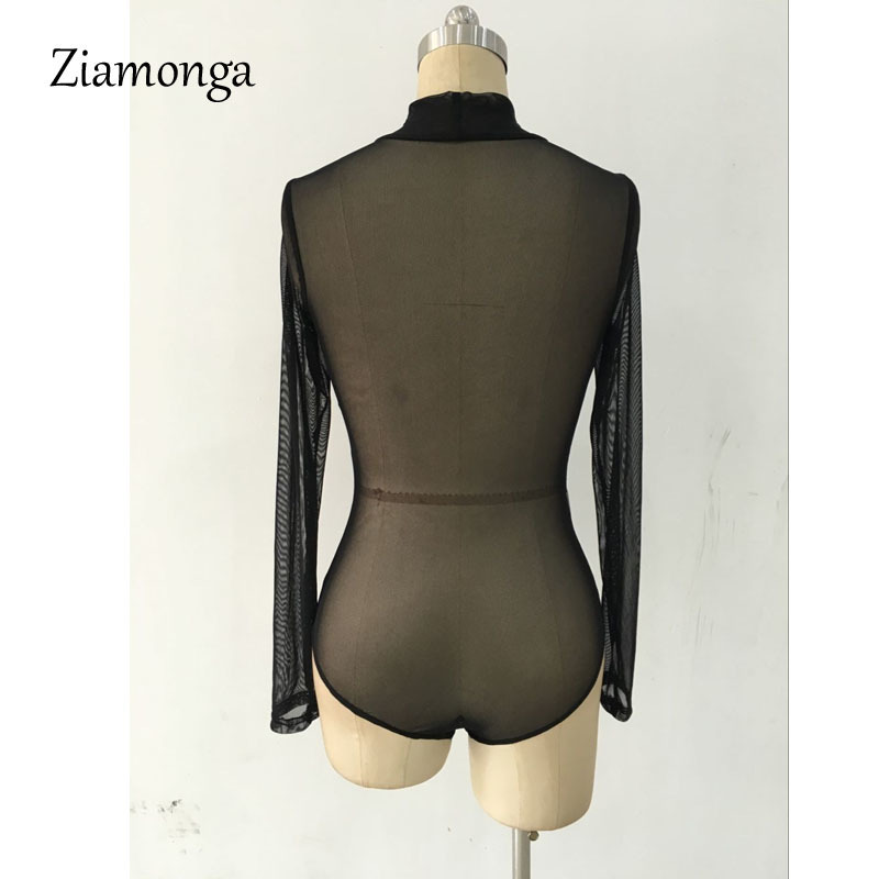 Nude Transparent Sexy Bodysuit Women Rompers Bodycon Jumpsuit Long Sleeve Mesh Bodysuit Sheer See Through Turtleneck Bodysuits T200527