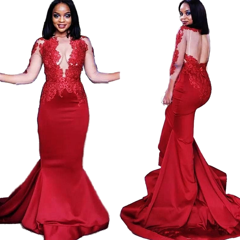 Dark Red Mermaid Prom Dresses 2022 Sexy Backless Illusion Long Sleeves Appliques Lace Formal Evening Gowns Celebrity Party Dress