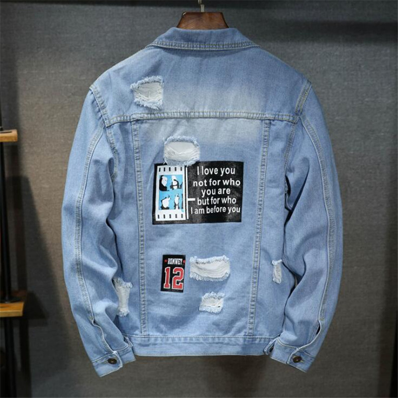 High Quality Bomber Denim Jacket Men's Ripped Holes Lt Blue Jean Jackets New 20…