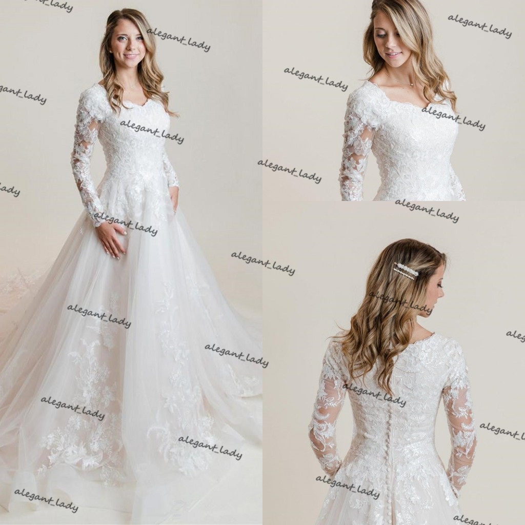 Lace Tulle Modest Wedding Dresses With Long Sleeves Sweetheart Neckline Buttons Back Country Western Bridal Gowns vestido de fiesta