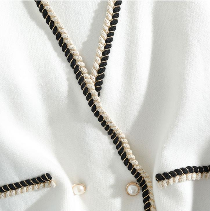 Elegant white cardigan women double breasted pearls buttons knitted sweater V-neck patchwork tops autumn arrival 201222