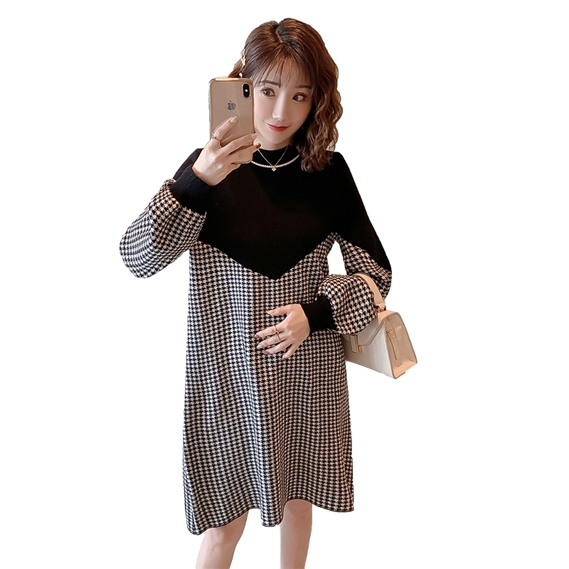 Autumn Patchwork Maternity Nursing Dress Long Sleeve Loose Breastfeeding Clothes for Pregnant Women Houndstooth Pregnancy LJ201124