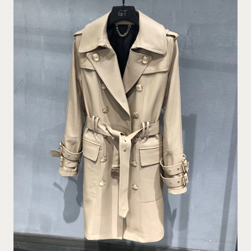 European Style Women Coats Natural 100% Sheepskin Genuine Leather Long Real Sheepskin Windcoat Female Double Breasted Coat 201030