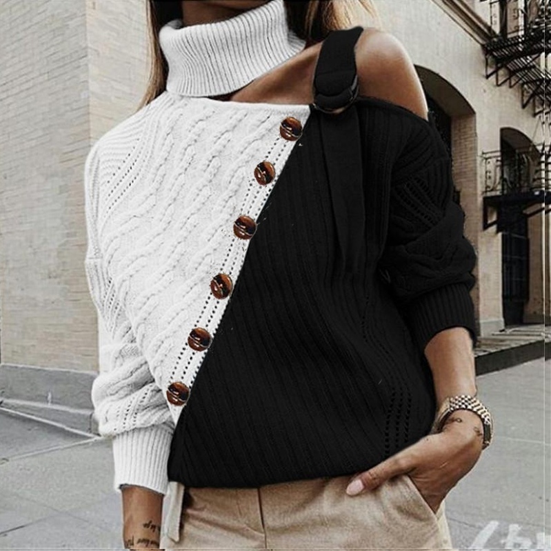 Fashion Button Turtleneck Knitted Sweaters Women Jumper Autumn Winter Strap Pullover Long Sleeve One Shoulder Knitwear Female 201224