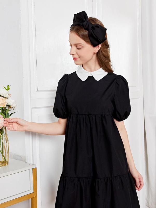 Teen Girls Contrast Collar Ruffle Hem Puff Sleeve Dress SHE