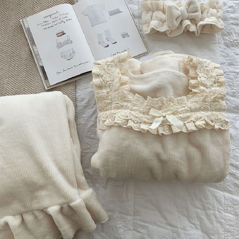 Vintage Thick Fleece Women's Pamas Sets Elegant White Lace Long Sleeve Sleepwear Suits Winter Autumn Sweet Pyjamas 201217