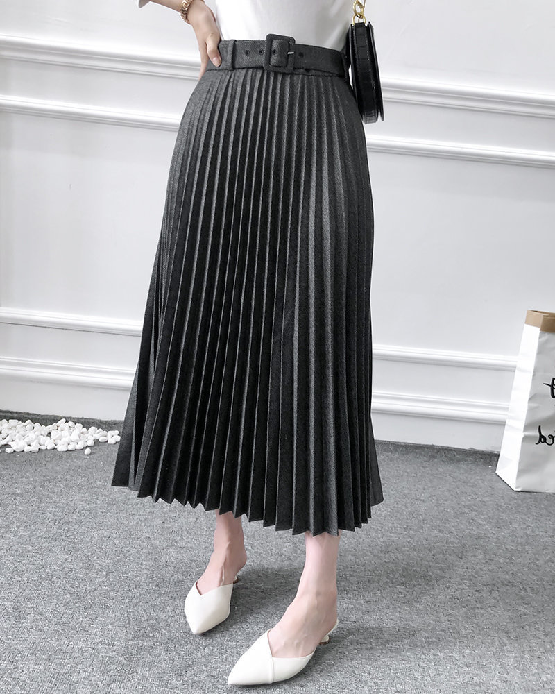 New Women fashion belt solid color pleated midi skirt faldas mujer ladies side zipper vestidos retro casual slim skirts QUN481 T200106