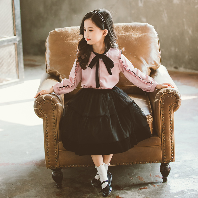 Fashion Princess Clothing Set Girls Bow Blouse and Solid Lace Skirt Two Piece Girl Set Spring Autumn School Teenage Skirt Sets LJ200916
