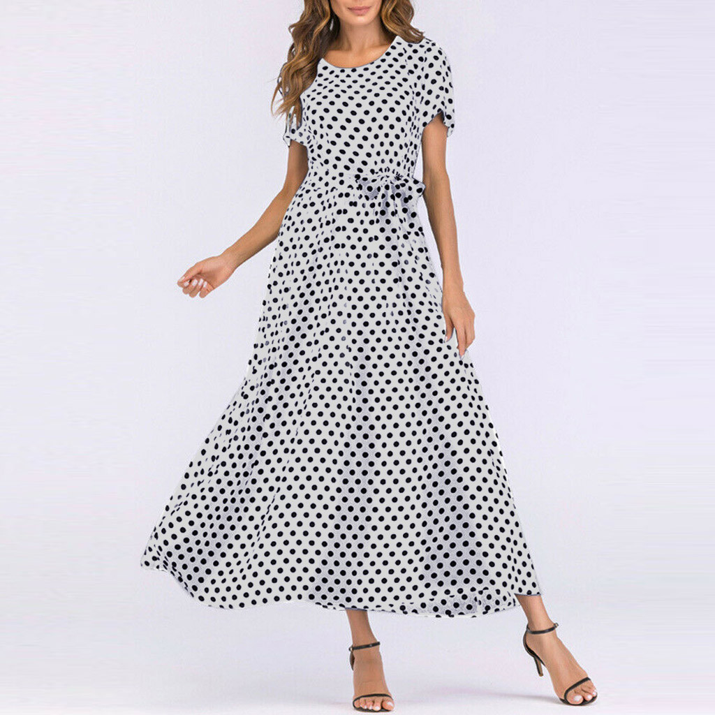 Summer Dress Women O-Neck Short Sleeve Boho Polka Dot Bandage Maxi Long Dress Women Beach Sundress Plus Size Vestidos T200604