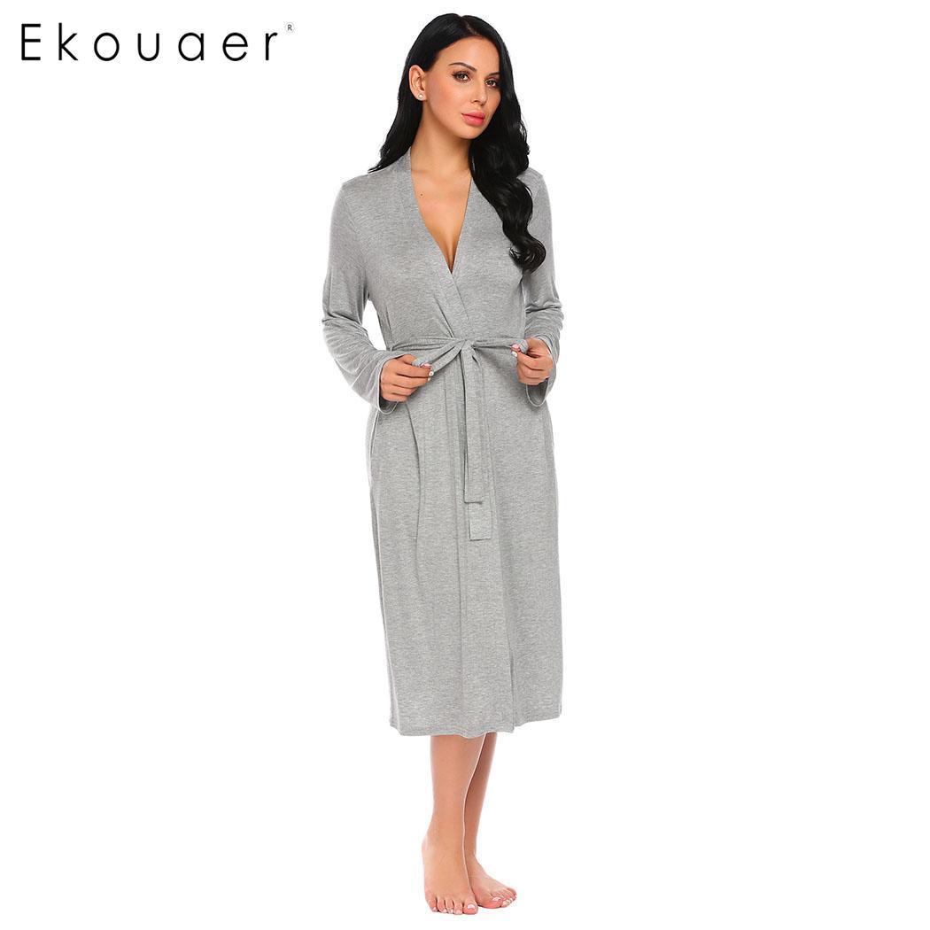 Ekouaer Long Women Robe Sleepwear Long Sleeve Solid Kimono Comfort Bathrobe Spa Robes Night Sexy Dressing Gown Nightwear S-XXL 210203