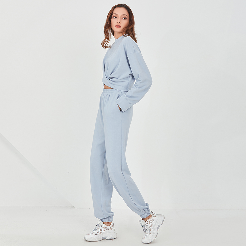 TWOTWINSTYLE Casual Two Piece Set For Women O Neck Long Sleeve Cross Ruched High Waist Wide Leg Pants Loose Sets Female New 201119