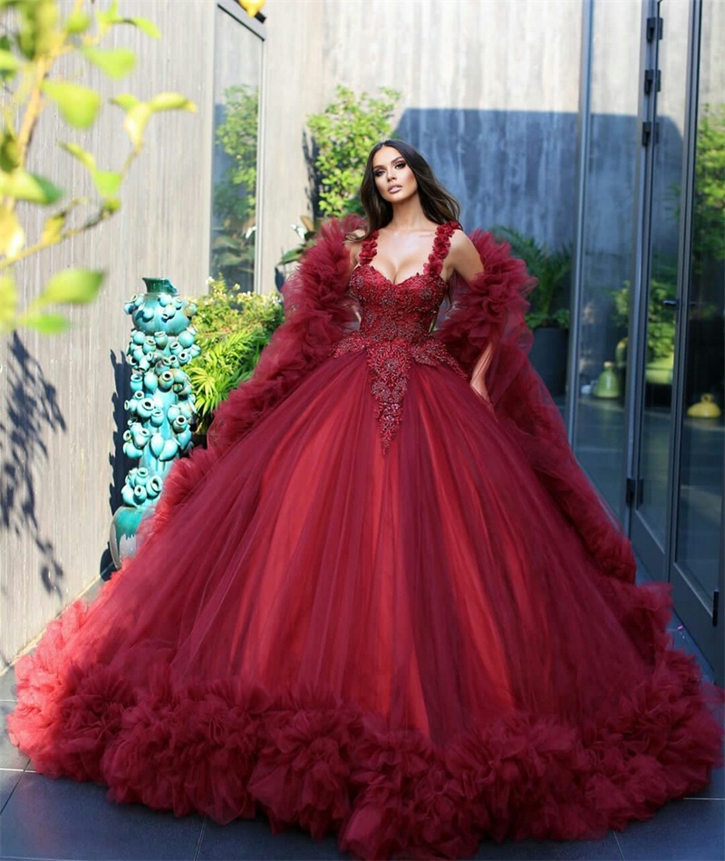 Red Puffy Prom Dresses Spaghetti Appliqued Lace Beads Ruffles Tulle Chic Evening Dresses Sweep Train Custom Made Muslim Formal Party Gowns