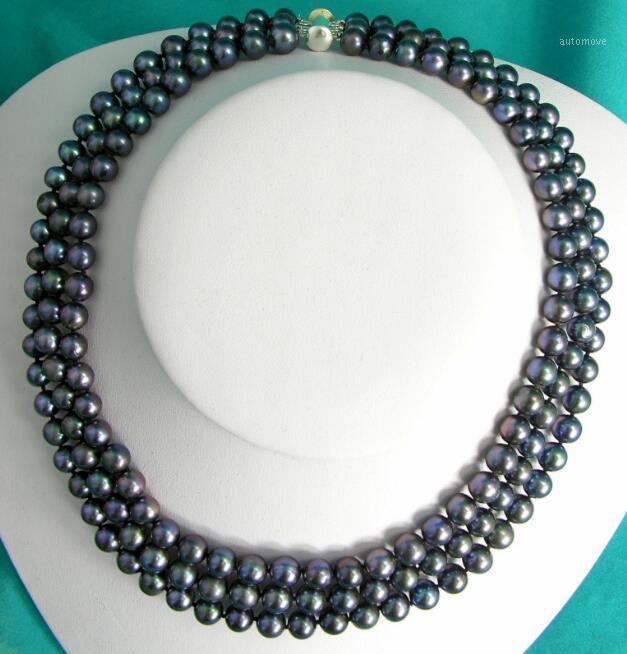 

Handmade 3 Row 18" Black Round 7-8mm Cultured Freshwater Pearl Necklace Choker1