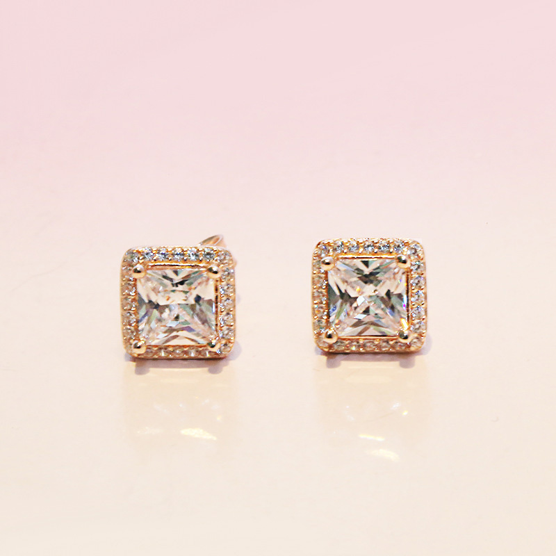 925 Sterling Silver Square Big CZ Diamond Earring Fit Jewelry Gold Rose Gold Plated Stud Earring Women Earrings284U