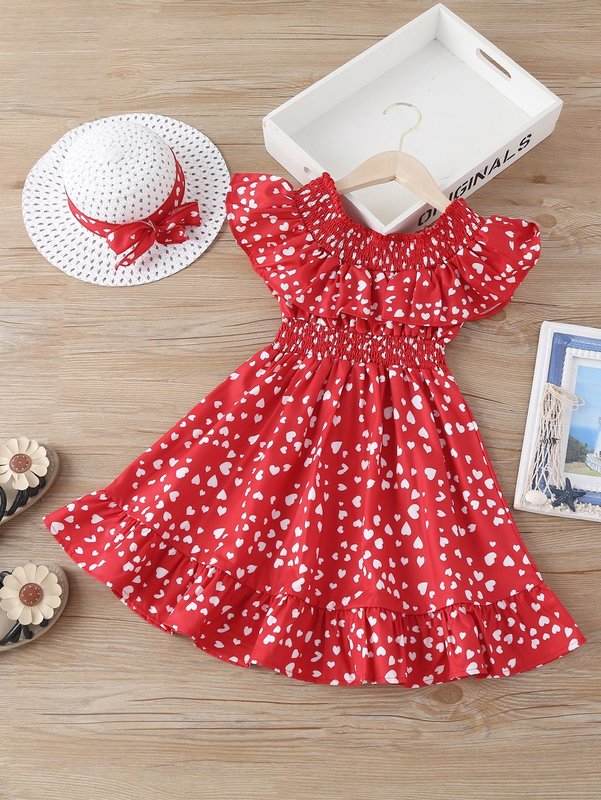 Toddler Girls Heart Print Shirred Ruffle Trim Dress With Hat SHE