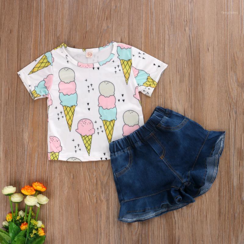 

Baby Girl Summer Clothes Set Toddler Clothing Round Neck Short Sleeve Ice Cream Print Cotton T-shirt Tops+ Denim Ruffled Shorts1, Blue