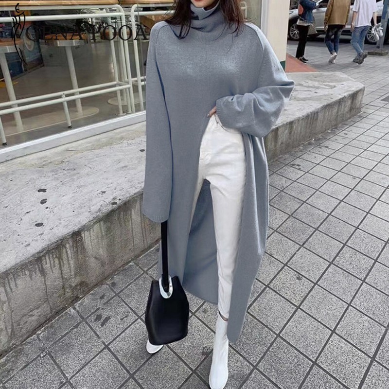 Genayooa Womens Turtleneck Pullover Sweater Long Sleeve Vintage Loose Knit Sweater Split Solid Long Jumper Ladies Korean Style 201128
