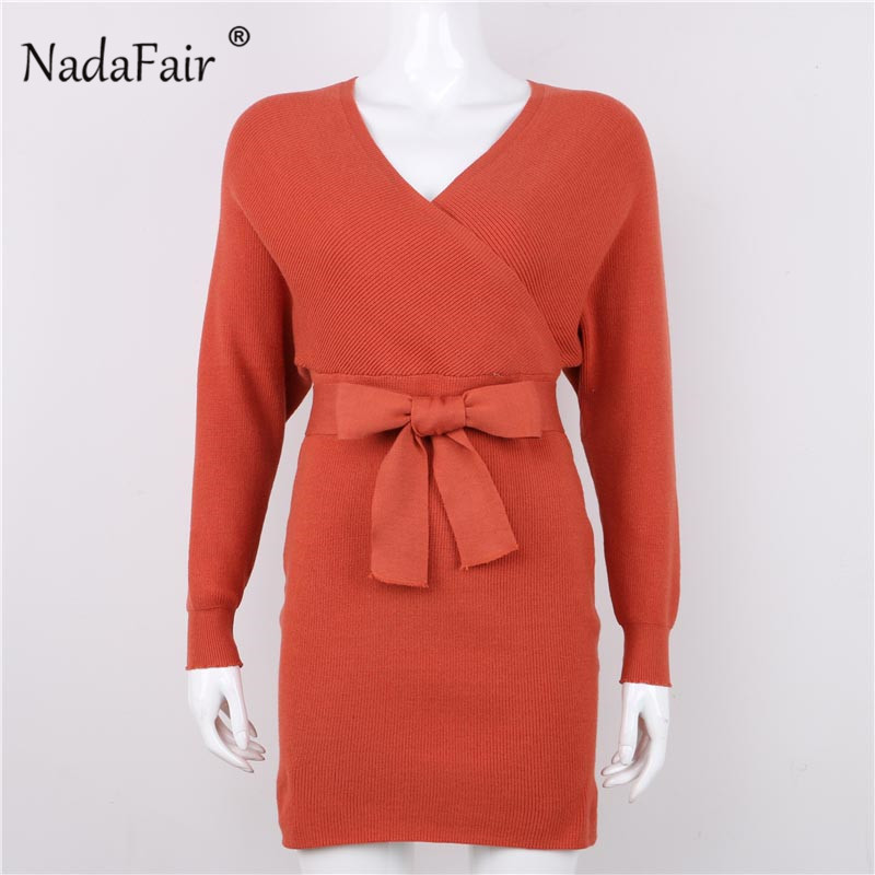 Nadafair Long Sleeve Elegant Tunic Sweater Dress Women Casual Sexy Backless V Neck Bodycon Warm Knitted Dress Winter T200416