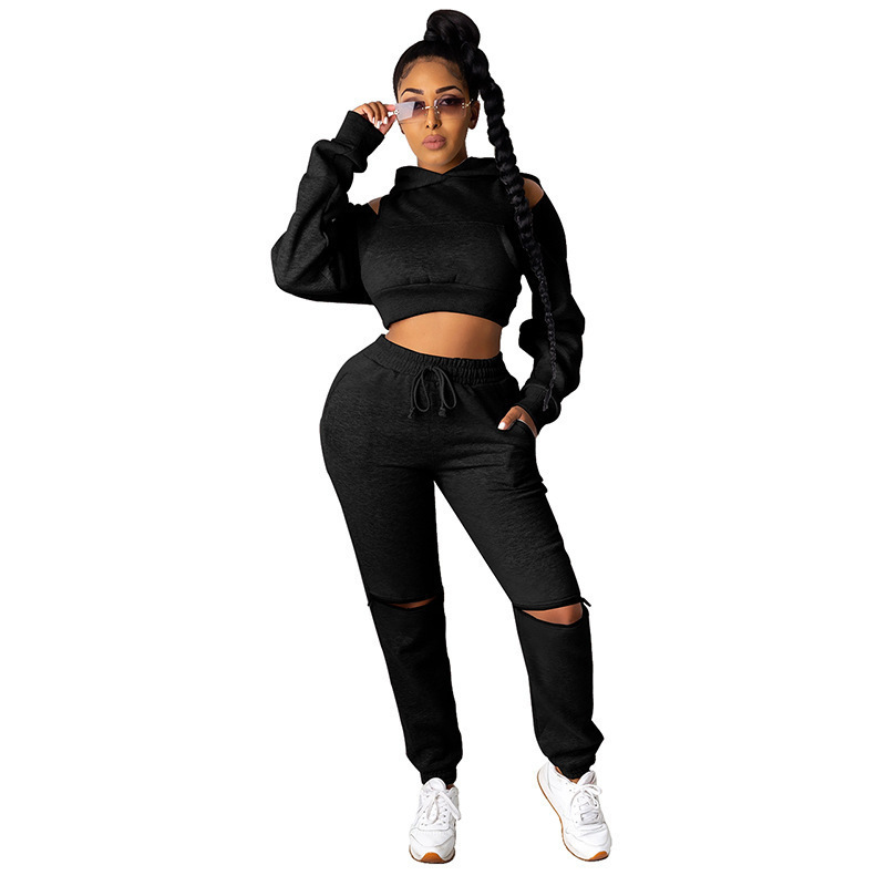 Women Clothing tracksuits Two Piece Set Winter Tracksuit Ladies Hooded Strapless Pullover Long Pants Suits Female Casual Sports Outfits