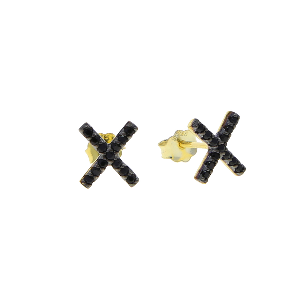 Delicate Rose Gold Color Classic Black Cz Paved X Cross Charm Stud Earring for Women Real 925 Sterling Silver Engagement Jewelry