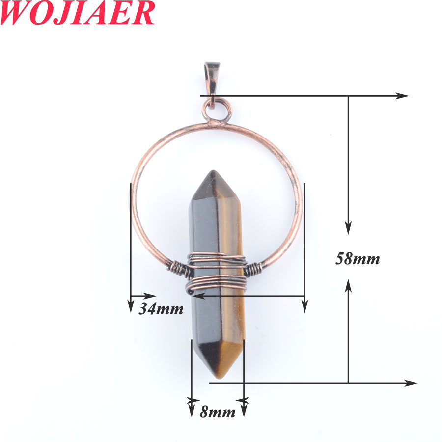 WOJIAER Vintage Natural Stone Pendant Crystal Healing Pointed Hexagon Pillar Circle Wire Wrap Dangle Women DBO908
