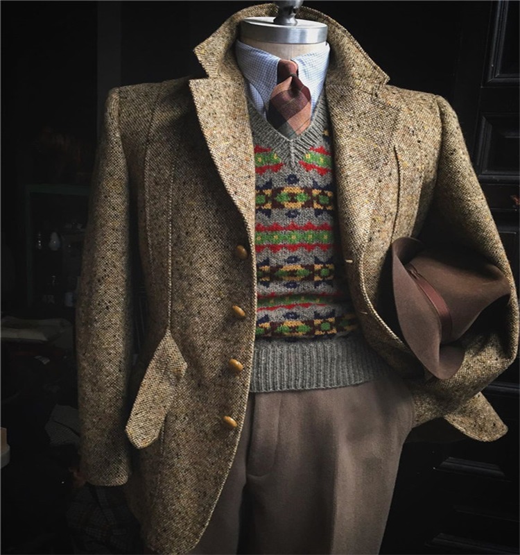 Handsome British Style Mens Suits Woolen Harringbone Lapel Fit Bridegroom Formal Wear For Best Mens Long Coat Newest Custom Made