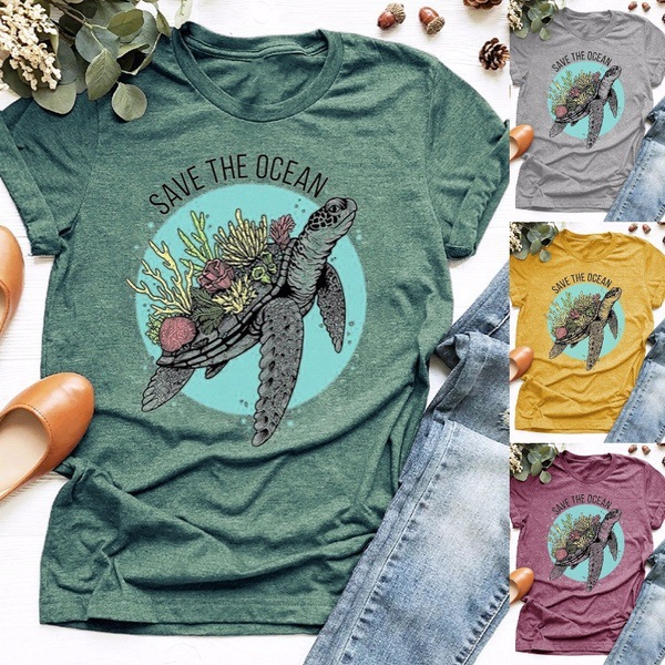 SAVE THE OCEAN Letter Sea Turtle Growing Coral Print T shirt Women Cute Graphic Tshirts Causal Harajuku Vintage Ladies T-shirt