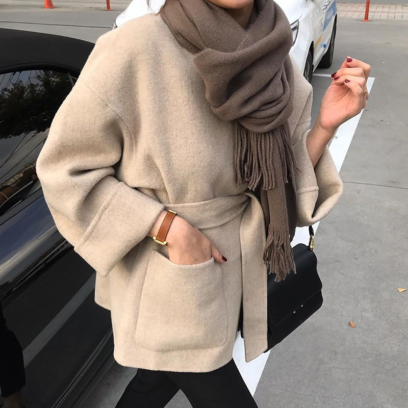 EWQ Autumn Winter Minimalist Full Sleeve Thick Warm Woolen Coat Korea Style Plus Size Trend Coat Feminino 16N-a164 201222