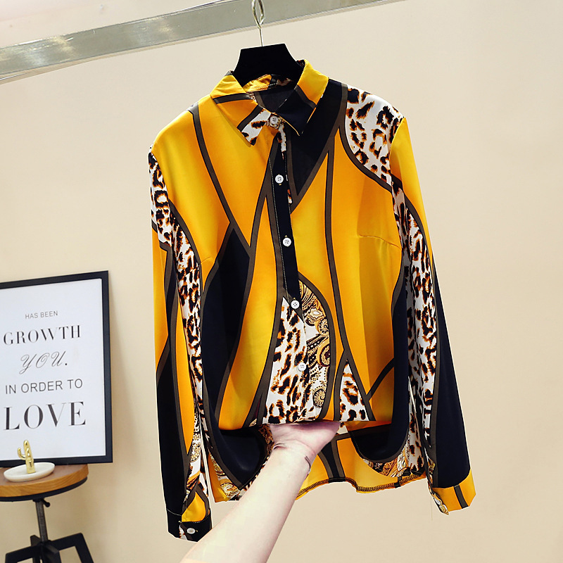 Spring Autumn Women's Contrast Color Shirt Loose Wild Leopard Long Sleeve Chiffon Tops Tide Blouses GD229 201028