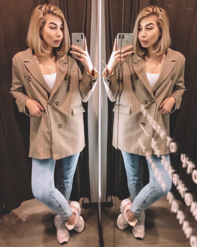Retro Blue Large Checked Double-breasted Loose OVERSIZE Casual Suit Jacket Women Blazers 201114