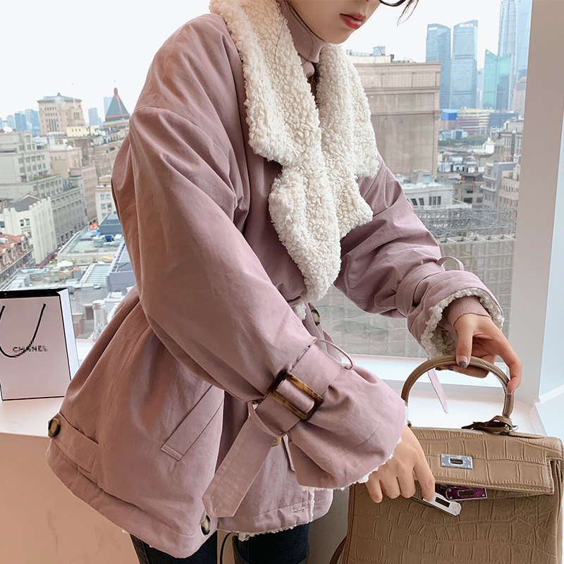 MISHOW Two Side Avaliable Winter Coat For Women Lambswool Parka Waist Belt Slim Jacket MX19D8332 201017