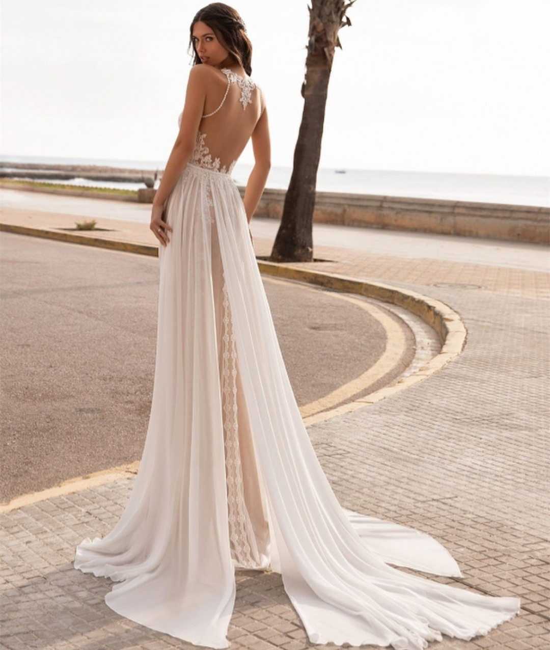 Wedding Dress 2022 Bohemian Boho Lace Chiffon Sleeveless Beach Backless Sweep Train Bride Dresses Bridal Gown Robe De Mariee