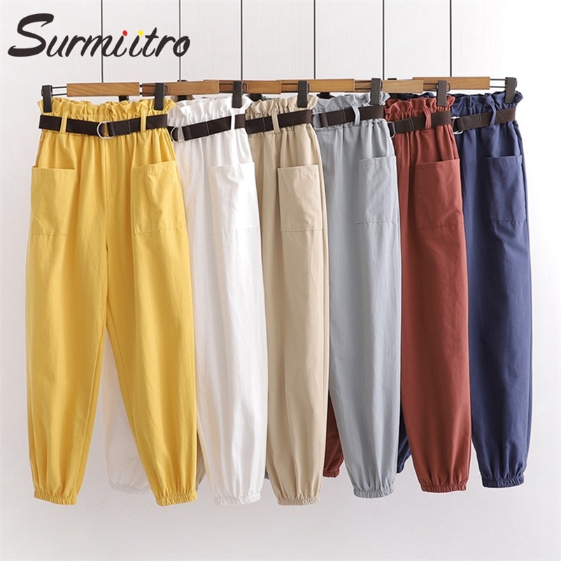 SURMIITRO Korean Ankle Harem Pants Women With Belt Black White Yellow Cotton Female Cargo Pants High Waist Trousers Femme 201228