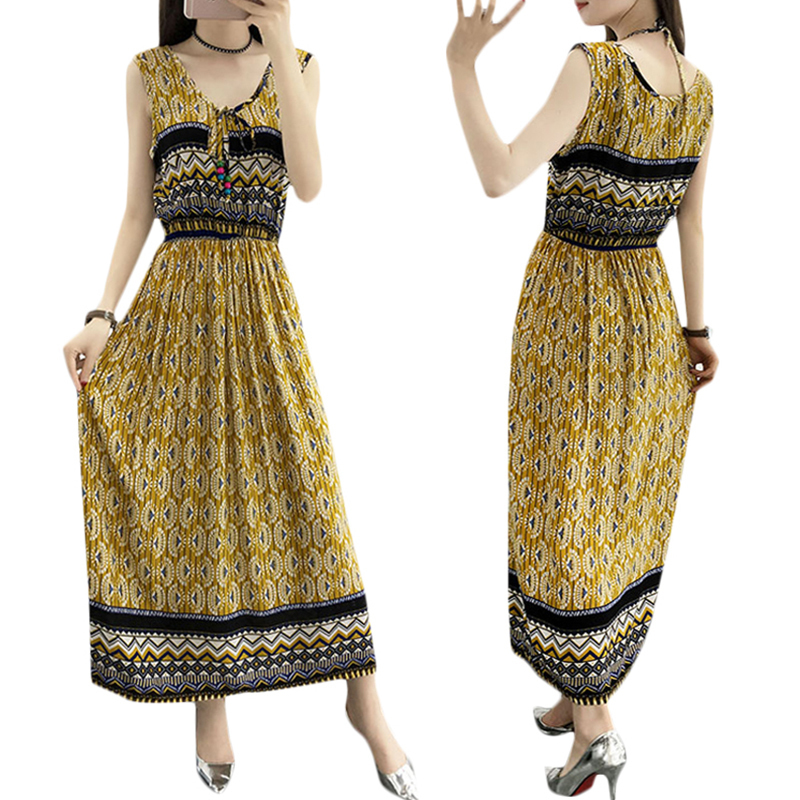 Vintage Women Summer Bohemian Dress Beach Boho Elegant Printed Dresses New Fashion Flower Loose Plus Size Sleeveless Dress T200604