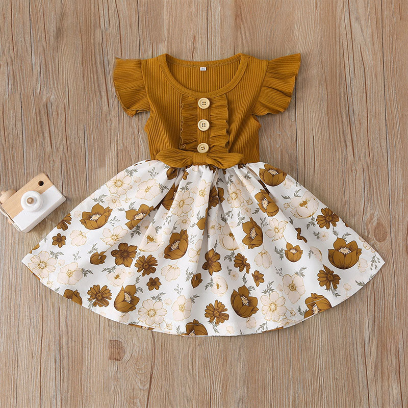 Girls Dress Summer New Girls Flying Sleeve Stitching Floral Dress Infant Baby Girls Princess Dress Clothing For GirlsX1019