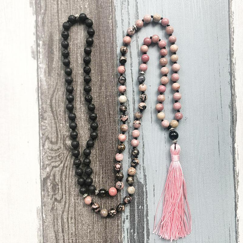 Pink Black Rhodonite Lava Stone Mala Necklaces Knotted 108 Beads Mala Necklace Handmade Long Tassel Necklace Gift For GirlFriend1
Pink Black Rhodonite Lava Stone Mala Necklaces Knotted 108 Beads Mala Necklace Handmade Long Tassel Necklace Gift For GirlFriend1
