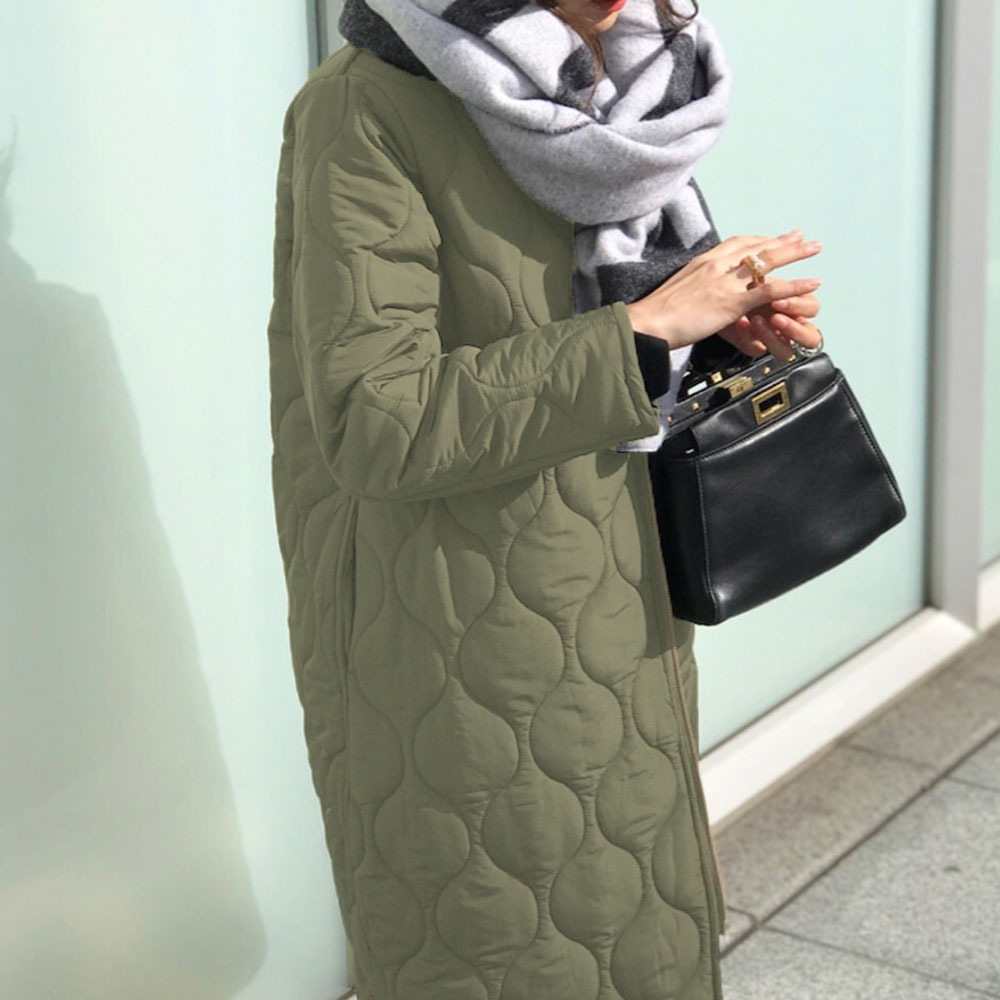 Autumn Cotton Padded Jacket Office Ladies Korean Warm Solid Green Zipper Retro Causal Long Parkas Winter Coat Outwear Overcoat 201017