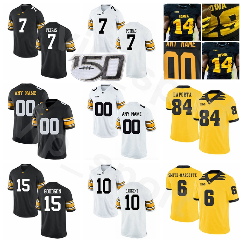 College NCAA Iowa Hawkeyes Football 15 Tyler Goodsoni Jersey 7 Spencer Petras 10 Mekhi Sargent 84 Sam LaPorta Stitched Black White Yellow, With 150th patch
College NCAA Iowa Hawkeyes Football 15 Tyler Goodsoni Jersey 7 Spencer Petras 10 Mekhi Sargent 84 Sam LaPorta Stitched Black White Yellow, With 150th patch