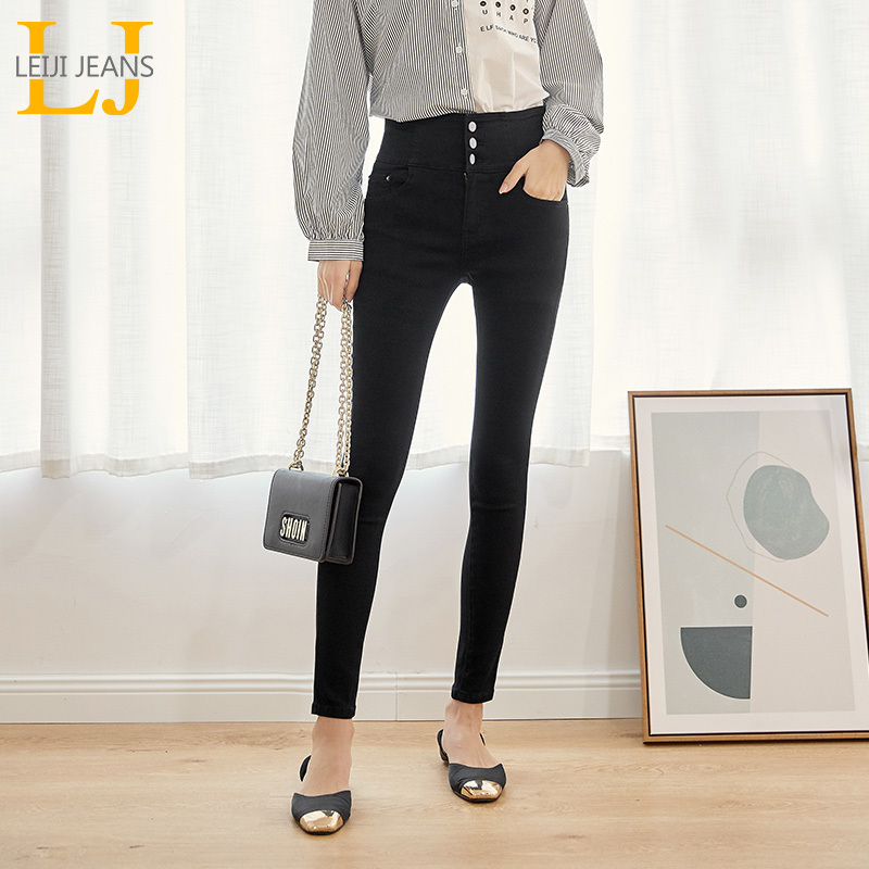 LEIJIJEANS 2020 autumn high waist slim ladies jeans button fly elastic waist legging jeans plus size stretchy black women jeans LJ201125