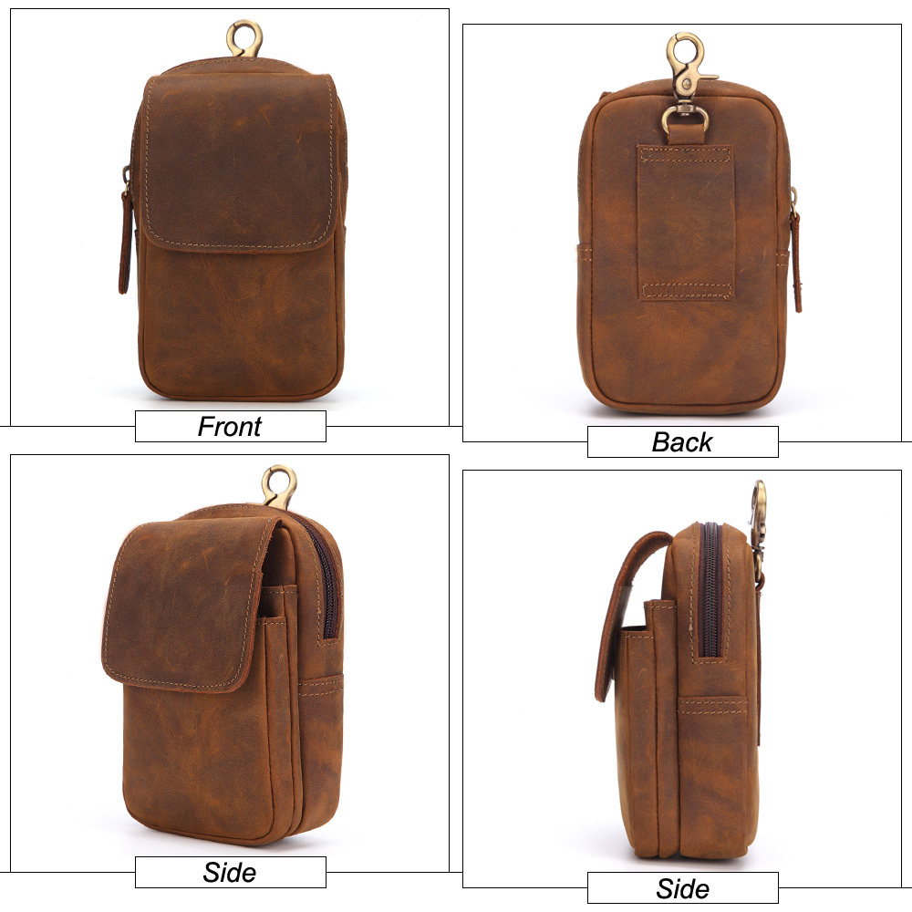 Flanker crazy horse leather men waist pack vintage small waist bag hook hip bag belt bag travel fanny pack with cell phone pouch 201119