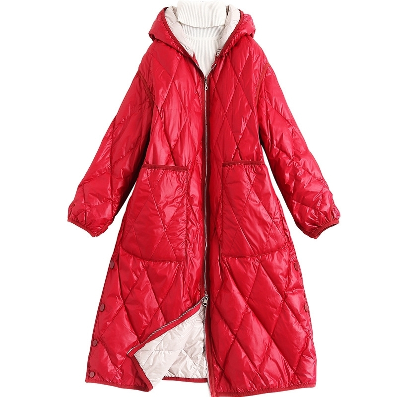 Doublesided Wear Hooded Down Jacket Winter New Warm Long Coat 90% White Duck Down Pockets Winter Coats for Women 201019