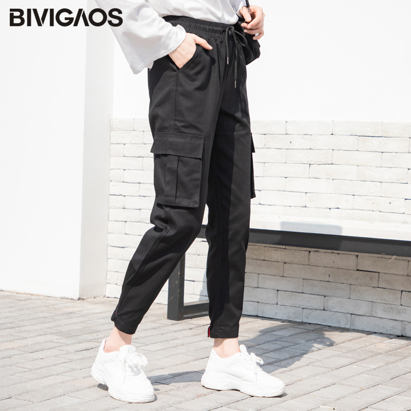 BIVIGAOS New Women Harajuku Stylish Cargo Pants Korean Overalls Trend Fashion Casual Slim Harem Pants MAGIC TAPE Ninth Pants 201109
