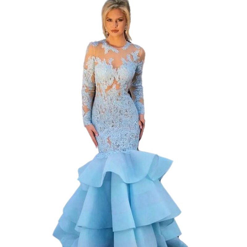 Elegant Sky Blue Mermaid Evening Dresses Sweep Train Long Sleeves Appliqued Open Back Women Fitted Formal Party Wear Prom Dress Custom Made