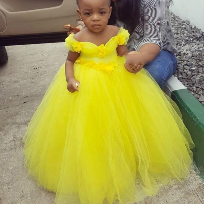 2020 Yellow Cheap Flower Girl Dresses Ball Gown Tulle Little Girl Wedding Dresses Cheap Communion Pageant Dresses Gowns
