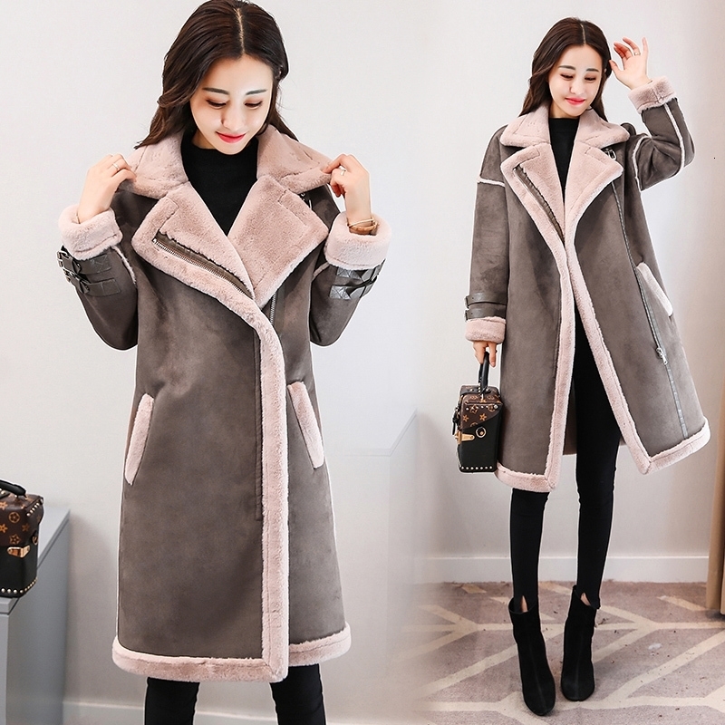 Winter Long Suede Leather Jacket Women Plus Size Female Brown Faux Fur Lined Suede Jacket Woman Coat Large Ladies Windbreaker 201030