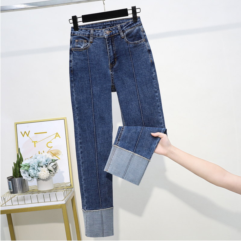 Jeans Woman Spring High Waist Plus Size Jeans Softener Zipper Fly Mom Elastic Fashion Ankle-length Straight Denim blue Pants 201029
